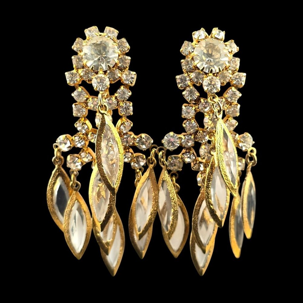 Runway Chandelier Gold-Tone Clip-On Earrings Clear Crystals & Dangle Leaf Charms